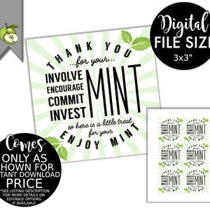 Mint Thank You Tags, Volunteer Mint Labels, Printable, INSTANT, PTA Staff essential worker employee teacher Appreciation Mint Favor Label