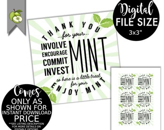 Mint Thank You Tags, Volunteer Mint Labels, Printable, INSTANT, PTA Staff essential worker employee teacher Appreciation Mint Favor Label