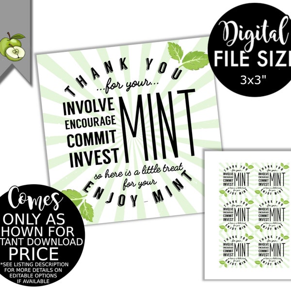 Mint Thank You Tags, Volunteer Mint Labels, Printable, INSTANT, PTA Staff essential worker employee teacher Appreciation Mint Favor Label