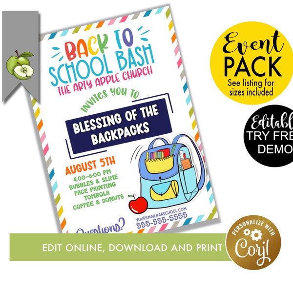 school Backpack Template, backpack theme, backpack event poster, blessing poster, event flyer and poster, PTA, PTO church  Fundraiser