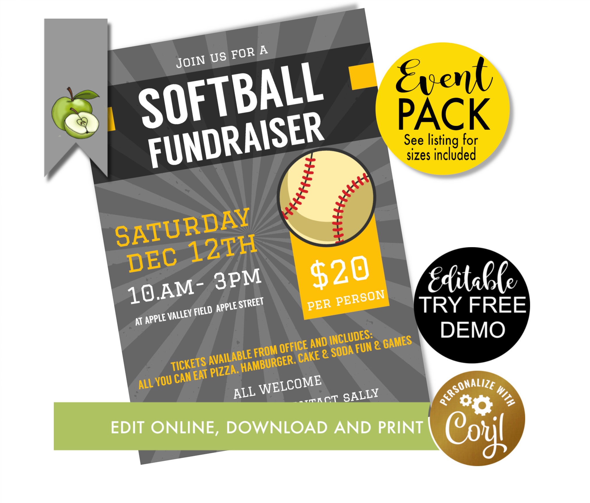 EDITABLE Softball Pick a Date to Donate team flyer for -  Portugal