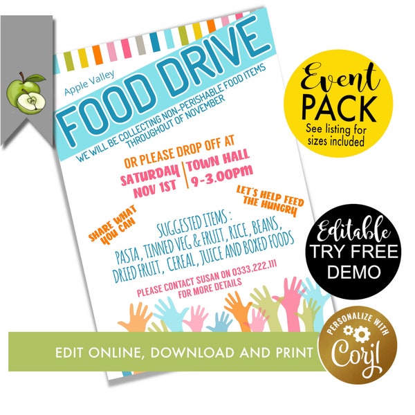 editable FOOD drive Flyer Template, food bank collection theme poster, feed the poor, digital download event, PTA PTO Fundraiser