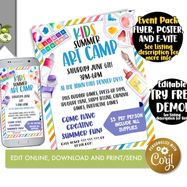 Editable Kids Summer Art Camp Flyer - Printable Teacher Invites for School Events - Instant Download Artistic Template, Artist Marketing