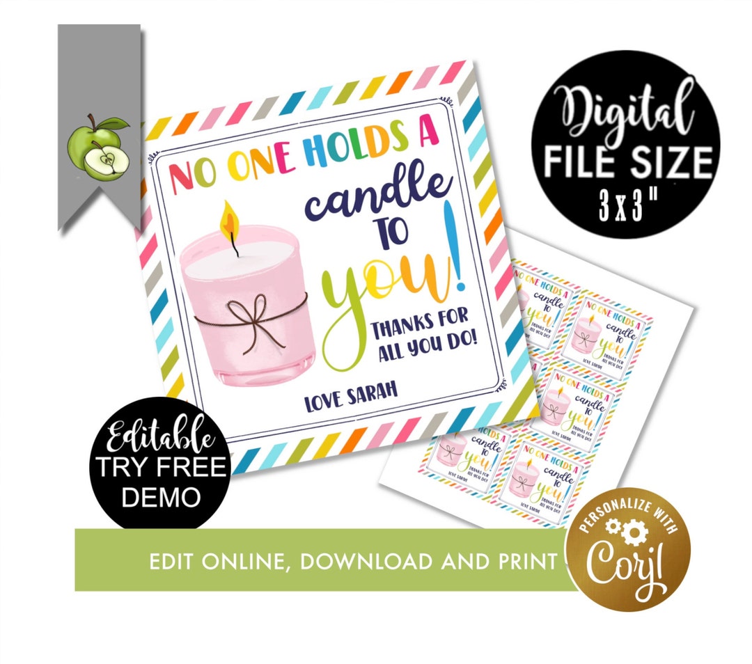 Editable Candle Gift Tag, Teacher Appreciation, Best Teacher, Candle to