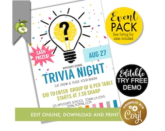 TRIVIA event editable,  Trivia night Printable PTA PTO Flyer, quiz fundraiser, general knowledge, questions theme printable, game night