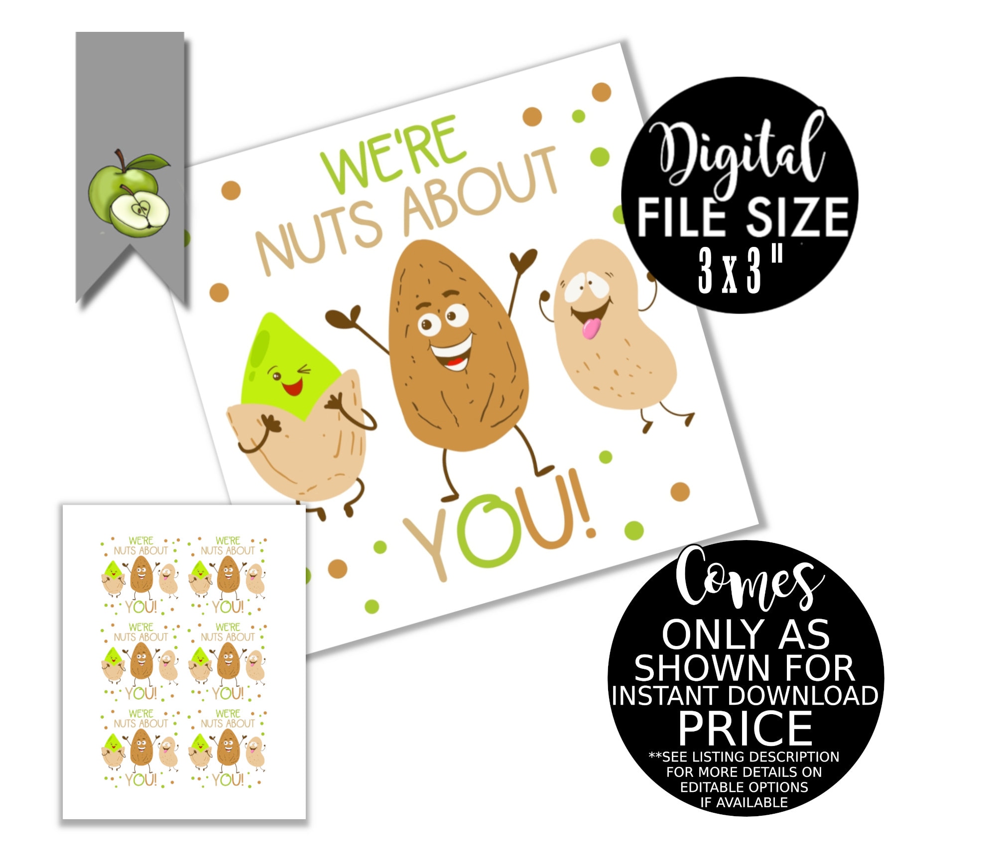 We're Nuts About You, NUTS Gift Tag, Mixed Nuts Day, Printable, Hamper Tag,  Teacher Appreciation, Peanut, Mixed Nuts, INSTANT DOWNLOAD 