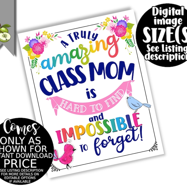 amazing class mom thank you gift, teacher assistant end of year gift, volunteer helper mom,  digital download, team class Printable
