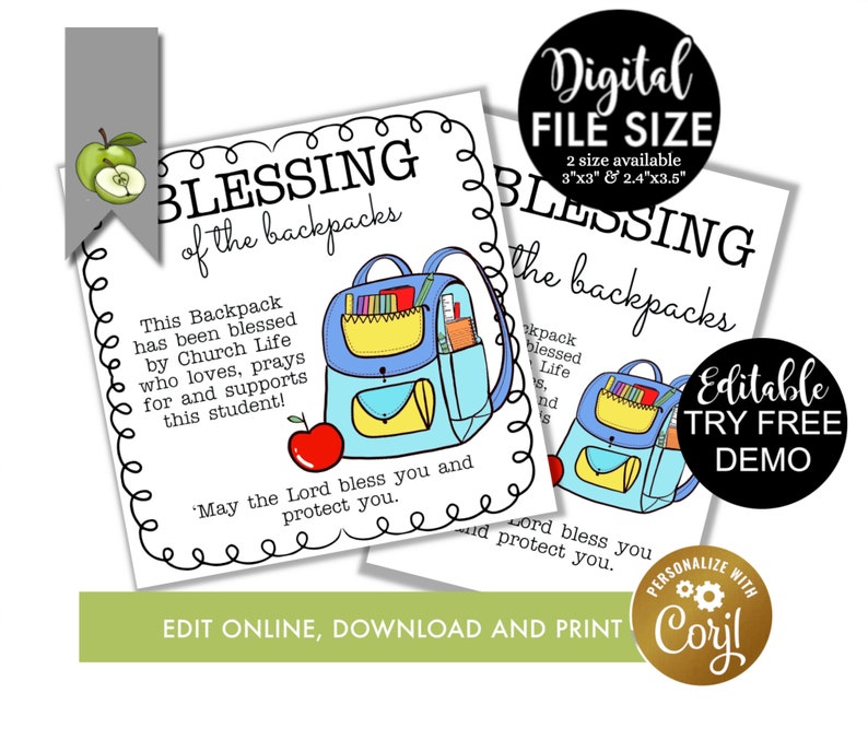 Puede incluir: Una descarga digital imprimible para una etiqueta de bendici&oacute;n de mochilas. La etiqueta presenta una mochila azul y amarilla con libros y l&aacute;pices en su interior. El texto en la etiqueta dice "Bendici&oacute;n de las mochilas. Esta mochila ha sido bendecida por Church Life que ama, reza por y apoya a este estudiante! Que el Se&ntilde;or te bendiga y te proteja."