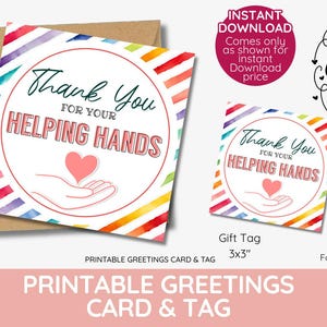 Bedankt voor je helpende handen, waardering van vrijwilligers, dankbaarheidscadeautag, bedankttag, collega, PTO, PTA, afdrukbaar, INSTANT DOWNLOAD