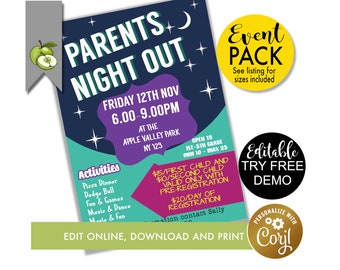 editable Parents Night out poster, PTO PTA Parents evening Template, invite event poster, Printable  meeting, digital download, school event