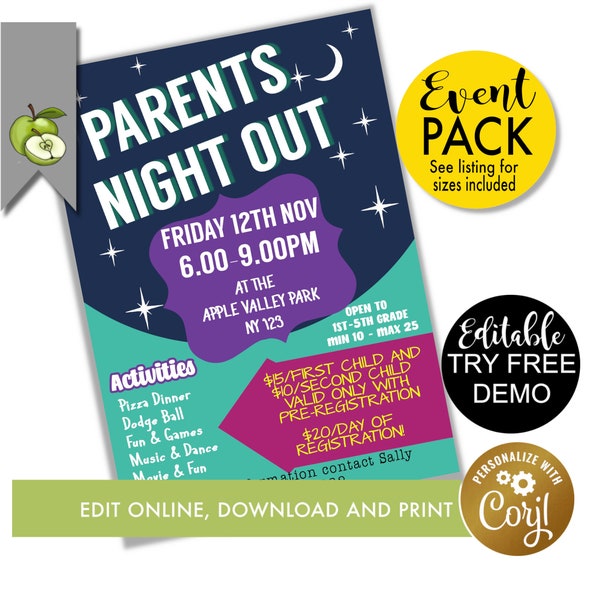 editable Parents Night out poster, PTO PTA Parents evening Template, invite event poster, Printable  meeting, digital download, school event