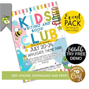 editable KIDS book club flyer template, writing club Printable, PTA PTO poster, story time, poetry club english, school digital download