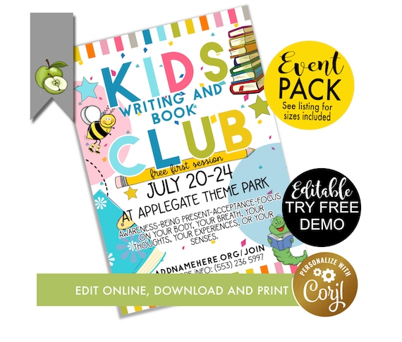 Editable Kids Book Club Flyer Template Writing Club Etsy