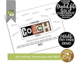 coach signing thank you team gift, editable, sport printable, ideal for retirement, leaving, appreciation gift, photograph letters season