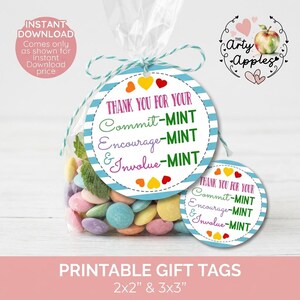 May include: A clear plastic bag filled with pastel-coloured sweets, tied with a blue and white striped string and a round gift tag. The tag features blue stripes and text reading: Thank you for your Commit-MINT, Encourage-MINT, and Involve-MINT.