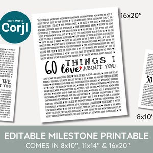 60 Reasons we love you gift, 50 things we love about you, favourite things & memories, Family, friends, editable template printable, M9 Q2