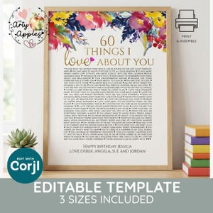 Könnte beinhalten: Ein gerahmtes Poster mit dem Titel 60 THINGS I love ABOUT YOU und einem Blumenrand in Pink, Gelb und Blau. Der Text enthält eine Liste von Gründen, den Namen HAPPY BIRTHDAY JESSICA und die Namen LOVE DEREK, ANGELA, SUE AND JORDAN.
