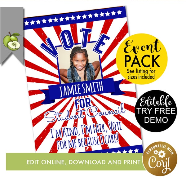 Editable election campaign poster, class voting flyer, class president, vice president, school vote tag, student election, Voting tag