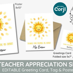 Tarjeta de regalo y etiqueta de agradecimiento para la clase de huellas dactilares con brillo solar, plantilla editable imprimible con huella solar, asistente de enseñanza