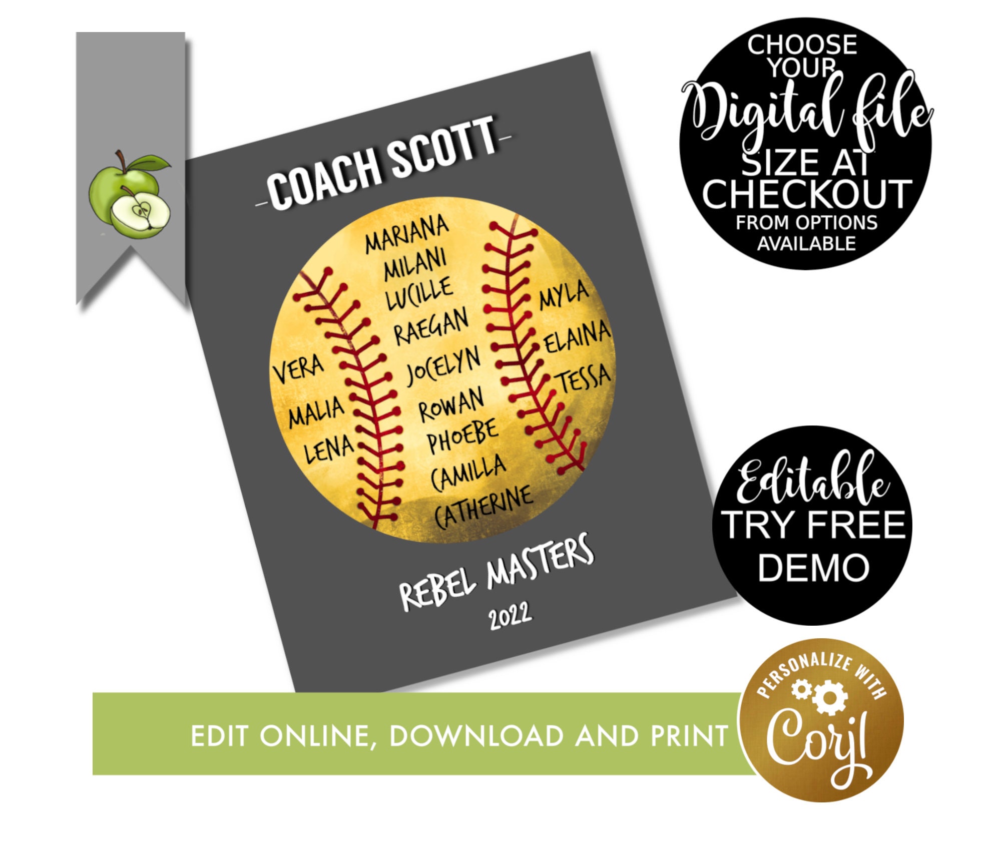 Editable Softball Coach and Players Gift Digital Coaches