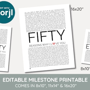 editable 50 reasons we love you, 50th birthday, 50 things we love about you template digital download, printable, memories, retire, m9, Q2