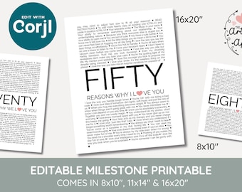 modificabile 50 motivi per cui ti amiamo, 50° compleanno, 50 cose che amiamo di te modello download digitale, stampabile, ricordi, andare in pensione, m9, Q2