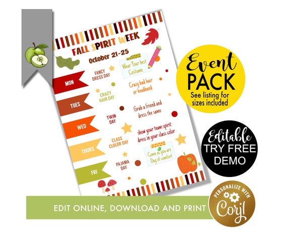 Editable fall Spirit week schedule spirit week planner PTA | Etsy México