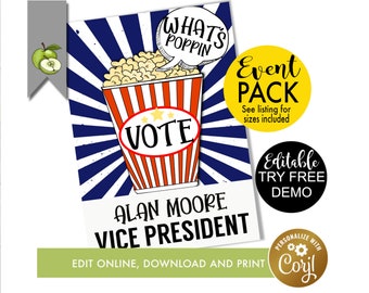 Editable kids election campaign Popcorn poster, class voting flyer, class president, vice president, school vote, student election, gift tag