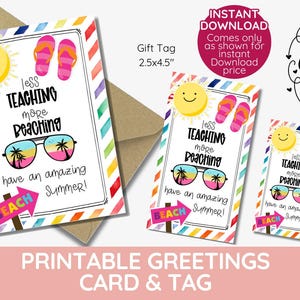 Sommer Lehrer Anhänger & Karte Set | Weniger mehr lehren Stranden Printable | Geschenk zum Jahresende | Strand-Thema Dankeschön-Umbau