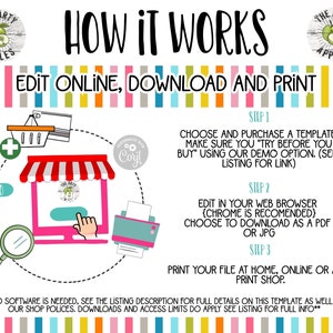 Puede incluir: Un gr&aacute;fico colorido que muestra c&oacute;mo editar, descargar e imprimir una plantilla digital. El gr&aacute;fico incluye un carrito de compras, una pantalla de computadora y una impresora. El texto "EDIT ONLINE, DOWNLOAD AND PRINT" est&aacute; en letras grandes y en negrita.