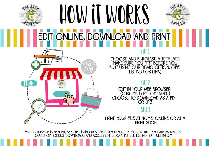 Puede incluir: Un gr&aacute;fico colorido que muestra c&oacute;mo editar, descargar e imprimir una plantilla digital. El gr&aacute;fico incluye un carrito de compras, una pantalla de computadora y una impresora. El texto "EDIT ONLINE, DOWNLOAD AND PRINT" est&aacute; en letras grandes y en negrita.