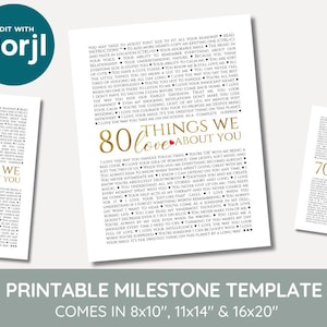 80 redenen waarom we van je houden, bewerkbare sjabloon 80e verjaardag, digitale download, 80 dingen die we leuk vinden aan jou, bewerkbaar op corjl birthday afdrukbaar, Q2