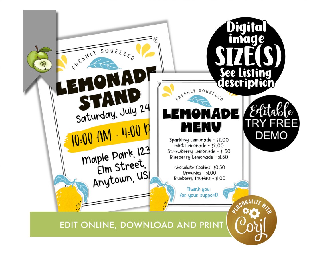 Editable Lemonade Stand Flyer, Template Lemon Sale & Menu Sign