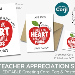 Bearbeitbares Geschenkset für die Wertschätzung großer Herzen, druckbare Vorlage, Kindergarten, Ende des Schuljahres, Danke, Anhänger und Kartenset