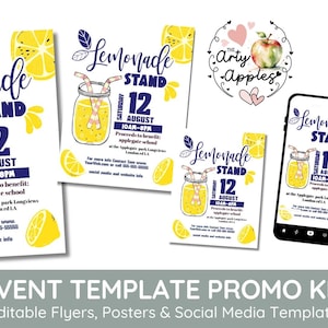 May include: A printable template kit for a lemonade stand event. The kit includes flyers, posters, and social media templates. The design features a yellow lemonade jar with straws, lemons, and the text "Lemonade Stand" in blue and white.