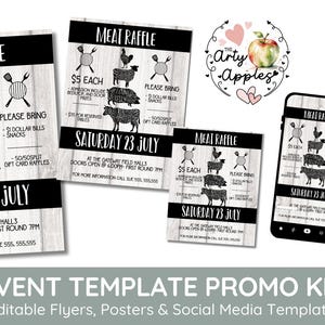 May include: A set of editable flyers and social media templates for a meat raffle event. The flyers feature a black and white design with a woodgrain background and illustrations of various cuts of meat. The text on the flyers includes the date, time, and location of the event, as well as information about the raffle prizes. The templates are designed to be used with the Corjl editing platform.