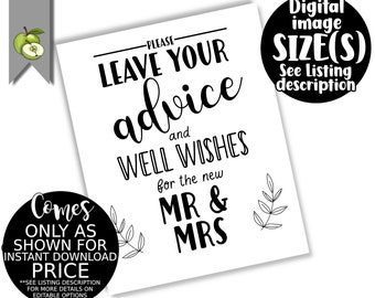 Please leave your advice, well wishes, for the new Mr & Mrs, wedding table sign,  bride, Wishes for couple, instant download white suite