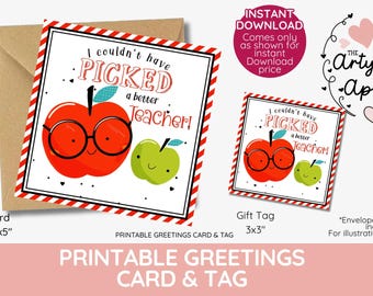 Apple Teacher Gift Tag, Printable Appreciation Card (Digital Download)