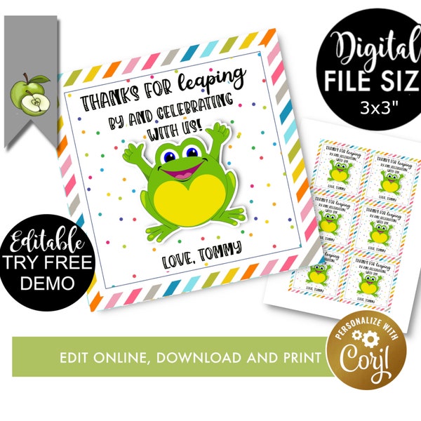 Editable frog birthday favor printable gift tag, leaping by personalised children's birthday Thank You Notes, hopped by edit yourself corjl