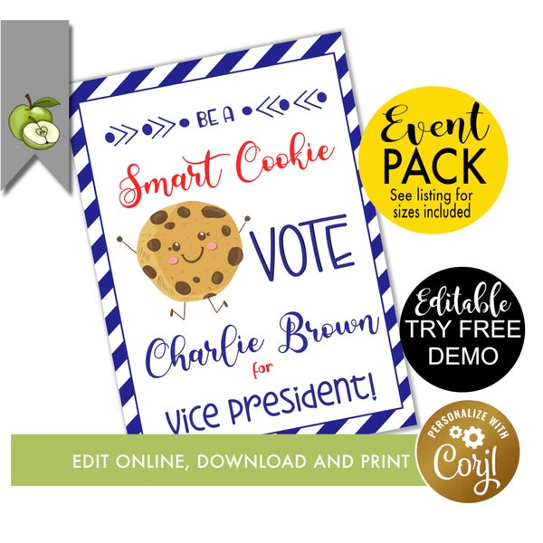 cookie class voting flyer, class president, vice president, pta editable tag, class president, school vote poster, student election, flyer