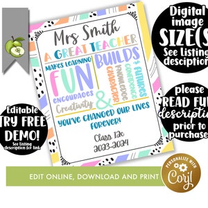 Editable  Teacher appreciation gift a great teacher Printable, Teacher Personalised Gift from Class, End of Year Gift, kids gift, colourful