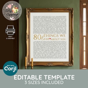 K&ouml;nnte beinhalten: Ein gerahmter Kunstdruck mit dem Text 80 THINGS WE LOVE ABOUT YOU in goldener und schwarzer Schrift. Das Design enth&auml;lt eine lange Liste sentimentaler Gr&uuml;nde, die durch Herzsymbole getrennt sind, in einem verzierten goldenen Rahmen.