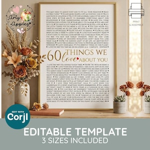 Könnte beinhalten: Ein gerahmter Druck mit dem Titel 60 Things We Love About You, der eine Liste von sechzig Gründen in schwarzem Text auf weißem Hintergrund zeigt. Der Druck steht neben einer Vase mit Trockenblumen und einem kleinen Buch, mit Drucksymbol.
