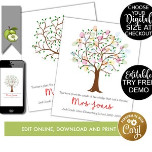 Editable Teacher appreciation fingerprint tree gift, thumbprint class Tree, Personalised end of school year keepsake, Thank you printable