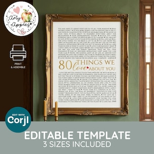K&ouml;nnte beinhalten: Ein gerahmter Druck mit dem Text 80 THINGS WE LOVE ABOUT YOU in Gold und Schwarz, umgeben von einer Liste pers&ouml;nlicher Gr&uuml;nde, die durch kleine Herzsymbole getrennt sind. Das Design befindet sich in einem verzierten Goldrahmen.