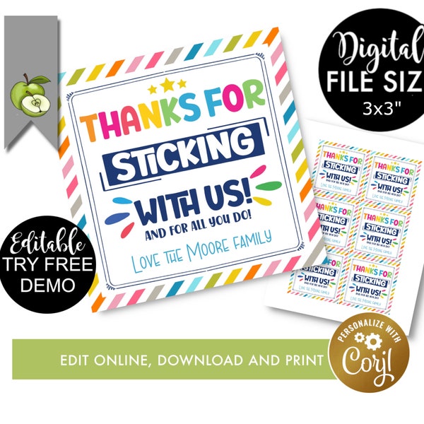 Editable Thanks for sticking with us! gift tag Printable, school  tags, team work, volunteer, employee, good times template, printable