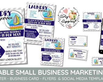 May include: A digital marketing kit for a laundry service featuring a poster, business cards, and social media templates. The designs include a yellow iron graphic, blue text, and the phrase Laundry Service, Too Busy To Do Your Washing? Let's Do It For You!