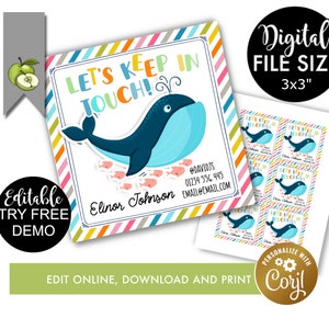 editable keep in touch, summer calling card, mom contact card, cool whale calling card, KIT Card, play date, end of year, contact card whale