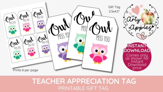 owl miss you friend owl gift tag, leaving tag, last day of school, owl miss you this summer, thank you tag, Teacher gift Tag, Printable