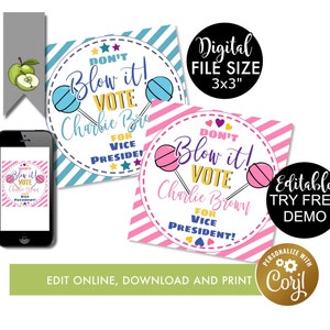 bubble gum Voting gift tags, Vice President, voting campaign, editable , Printable, don't blow it, Gum tags to pair with Blow or Gum.